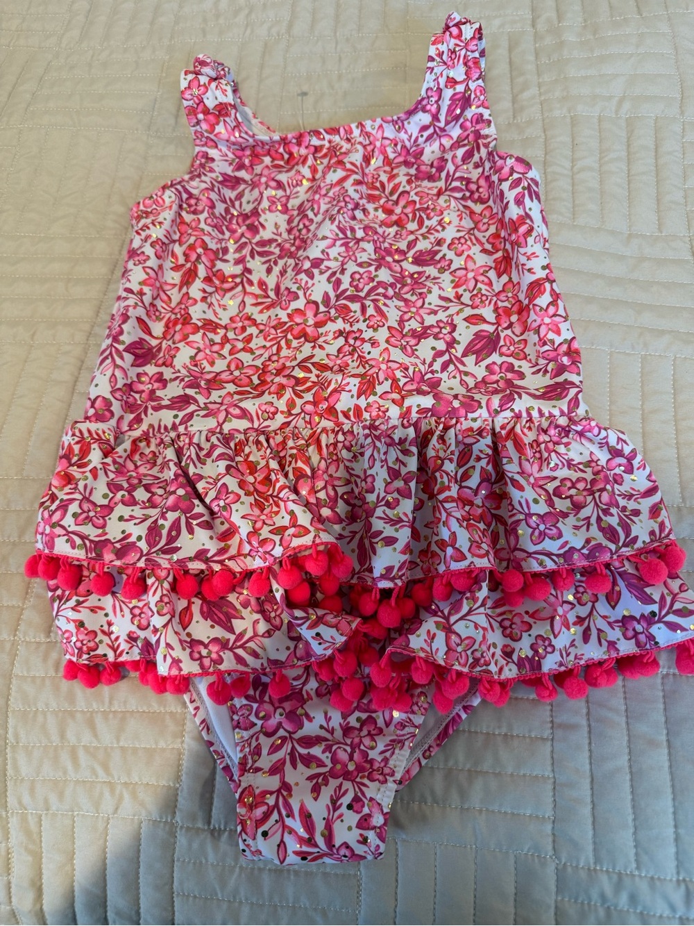 Nicole Miller Girls Pink Floral One-Piece Swimwear with Pom Trim